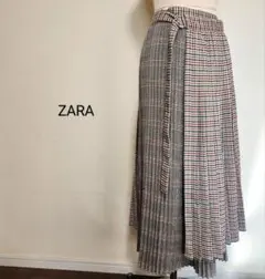 ZARA ザラ 秋冬チェック柄プリーツラップスカート ブラウン系 海外XS