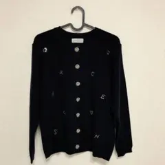 【美品】ビジュー　ウール混　クルーネック長袖カーディガン　ネイビー　M