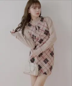 【試着のみ】Chico ボレロセットチェックアメスリミニワンピース　ブラウン