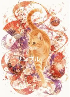 一作限り】桜舞う桃波の三毛猫 三毛猫 猫 和風 桜 ピンク 癒し L140