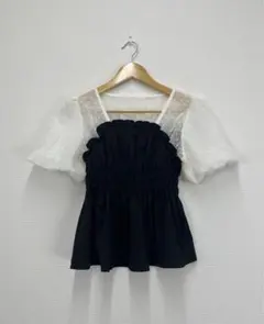 GRL レイヤード風　パフスリーブペプラムシアーブラウスM【中古】D74のサムネイル