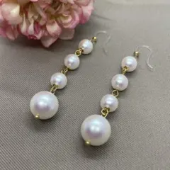 【金属アレルギー対策】樹脂フックロングパール 4連ピアス パーティー華やか