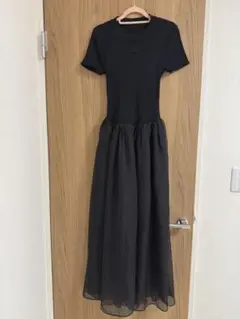 黒 シフォン 半袖 ロングワンピース