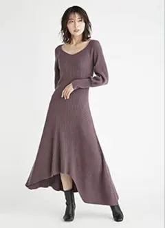 [フレイ アイディー] ウールカシミヤアシメリブワンピース インナー付き