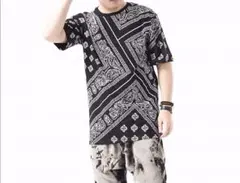 メンズ　ペイズリー柄Tシャツ　夏　ブラックM　a268