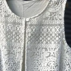 美品❤️クロシェレース編みロングジレアイボリーオフホワイトベージュMパネルレース