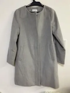 グレー ノーカラー ロングコート M