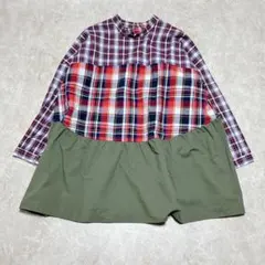 美品＊アミナ ノーカラーブラウス チェック レッド系 綿 ゆったり