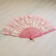 【割引対象】新品　フラメンコ　扇子　アバニコ　ピンク　薔薇柄　レース付き　小道具