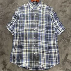 【R1152】Lands' End リネンチェックシャツ　サイズM ブルーのサムネイル