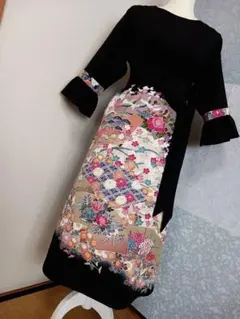 着物留め袖リメイク　ロングワンピース　Lサイズ