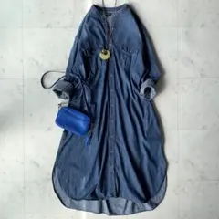 美品　アーバンリサーチ　デニムロングシャツワンピース　バンドカラー　ゆったり　青