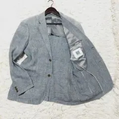 リネン100% グレンチェック柄　メランジ調　テーラードジャケット　シアン　XL