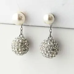 スワロフスキー　ドロップピアス　2way　パール × クリスタルパヴェボール
