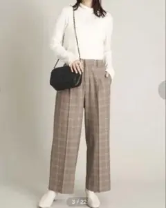 a.v.v あたたか美脚チェック柄ワイドパンツ　XS スラックス　茶色