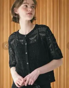 coca かぎ編み半袖カーディガン　クロシェニットカーディガン　M