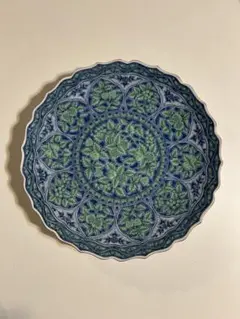 美濃焼 前畑陶器 庫山窯 青華緑彩 大皿 10寸 約30cm 輪花 盛皿 和食器のサムネイル