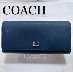 極美品 COACH 長財布 Cロゴ クロスグレイン レザー ネイビー フラップ