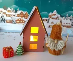 木製ライト付きクリスマスハウスと付属品セット　インテリア　ミニチュア　ミニツリー