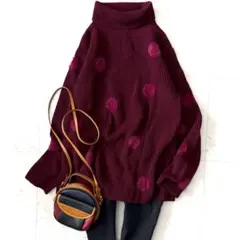 美品 PSポールスミス 洗えるドットファー タートルネックニット バーガンディー