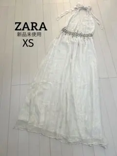 新品　ZARA ワンピース ホワイト　ゴールドストライプ　ビジュー　キラキラ
