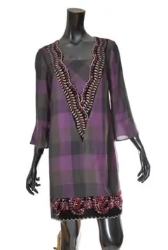 グレースコンチネンタル　ブロックチェック　ベロア刺繍レース　ワンピース