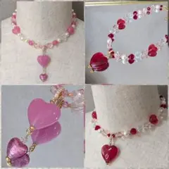 ベネチアンガラス　ハートチョーカー2点　ピンク　赤