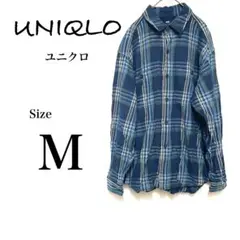 《 ユニクロ 》《美品》 メンズM コットンチェックシャツ ネイビー系ネルシャツ