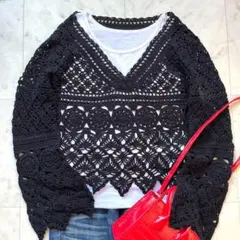 美品 グレースコンチネンタル クロシェ ニット セーター 長袖 ブラック 36