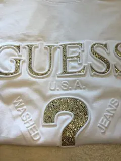 GUESS 半袖Tシャツ ホワイト ゴールドラメ