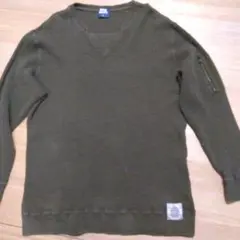 DOG DEPT ワッフル素材オリーブ色 Vネック トレーナー L 丈長めです