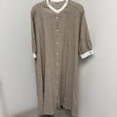 シーズンリーズン　Lサイズ 茶色と青のストライプ 七分袖シャツワンピース