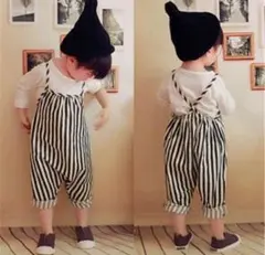 韓国子ども服 ブラック ストライプ サロペット