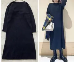 URBAN RESEARCH DOORSワイドリブ切替ニットワンピース　ネイビー