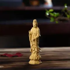 仏像 観音菩薩立像 天然木製(柘植ツゲ) 観音像 木彫 彫刻