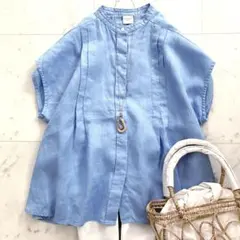 美品　アーバンリサーチドアーズ　リネンスキッパーフレンチブラウス　ブルー