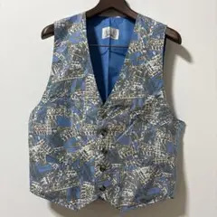 SILK シルク 絹　ベスト 青と白のパターン