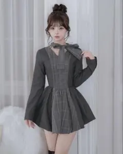 ダーリッチ チェックストライプバルーンミニワンピース GRY ノベルティ付き