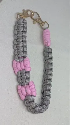 パラコード スマホハンドストラップ 落下防止 ハンドメイド グレー×ピンク