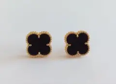 【美品】送料無料 クローバーピアス ブラック×ゴールド 大人可愛い