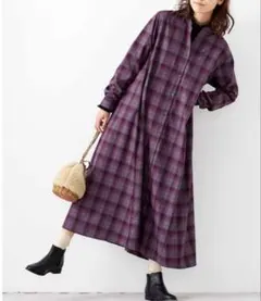 美品　Live in comfort　きれいめチェック柄シャツワンピース　L
