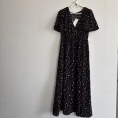 GU 花柄 Vネック 半袖ロングワンピース S ブラック