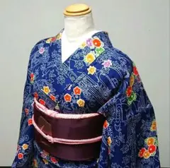 美品 正絹小紋着物と名古屋帯のセット 古典柄紺色 お稽古 お出かけに 