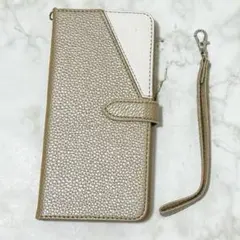 【機種不明】スマホケース 手帳型 ゴールド ホワイト ストラップ付