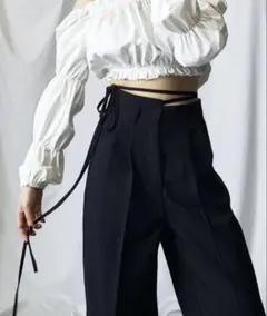 ２WAY カットアウトリボンハイウエストタックスラックス