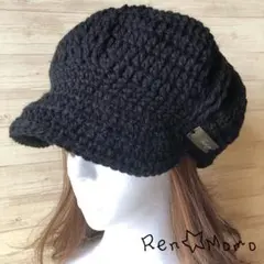 手編み キャスケット ニット帽 ブラック