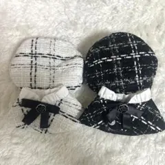 ぬい服 ケープ ポンチョ ベレー帽 チェック ツイード 黒 白 セット