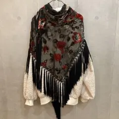 used vintage Flower刺繍　フリンジ付ストール