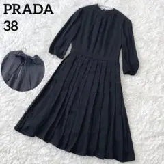 PRADAプラダ アセテートボウタイプリーツワンピース バックリボン ブラックM