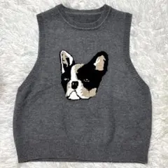 美品❤️フレンチブルドッグ柄 ニットベスト　グレー　FREEサイズ　ユニセックス